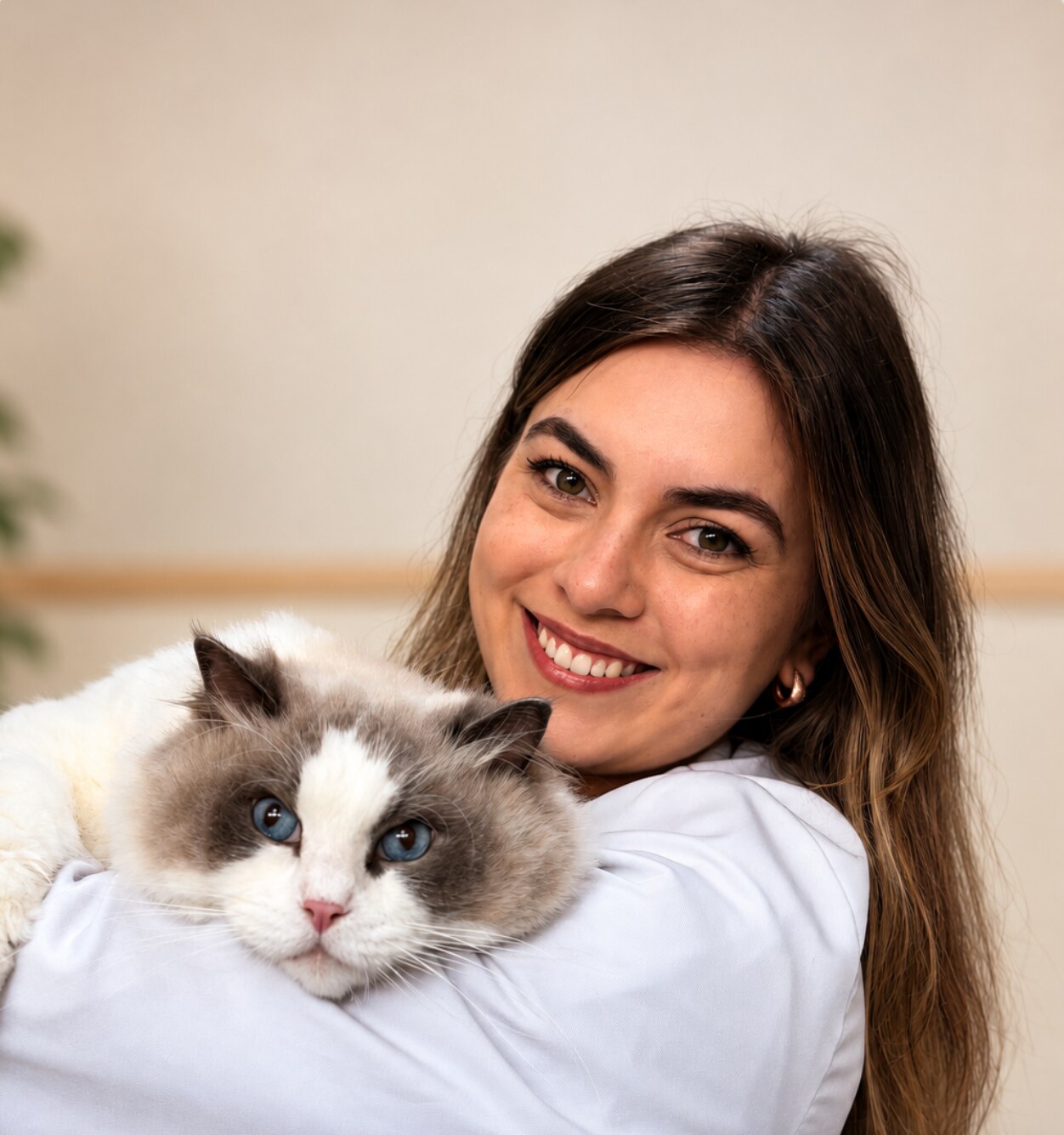 Dra. Bruna Martins sorrindo com um gato no colo